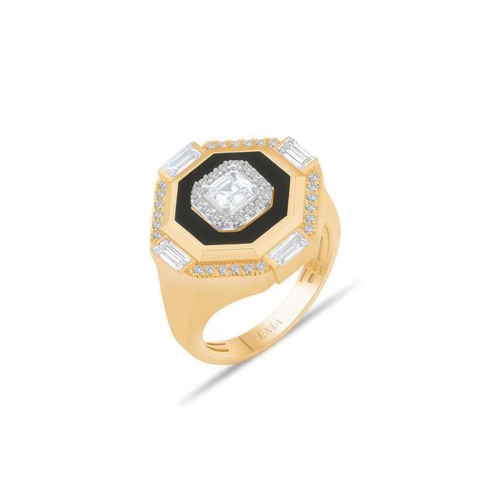 Siyah Mineli Baget Taşlı Tektaş Yüzük