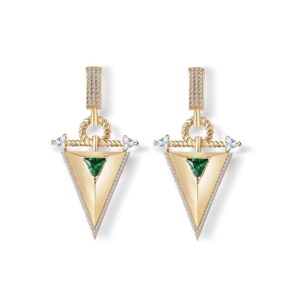 Zümrüt Taşlı Üçgen Sallantılı Altın Küpe