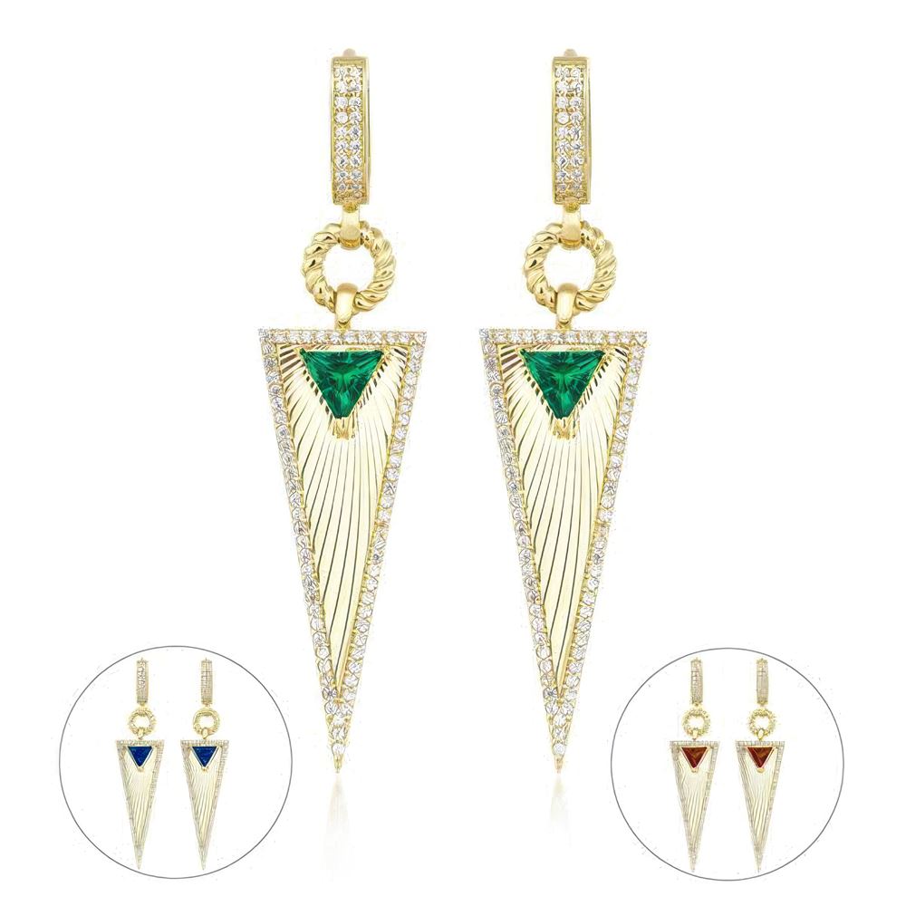 Zümrüt Taşlı Kalemli Üçgen Küpe