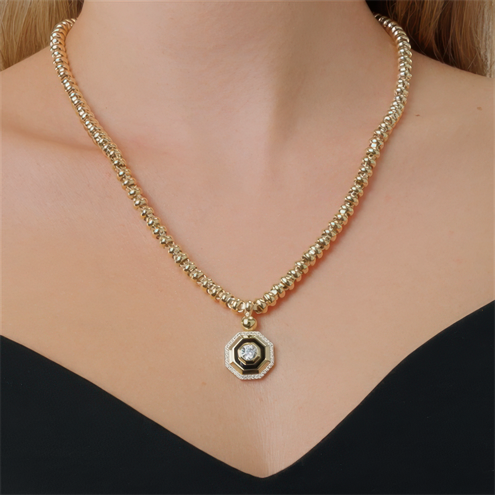 Siyah Mineli Tasarım Kolye 50Cm Zincir