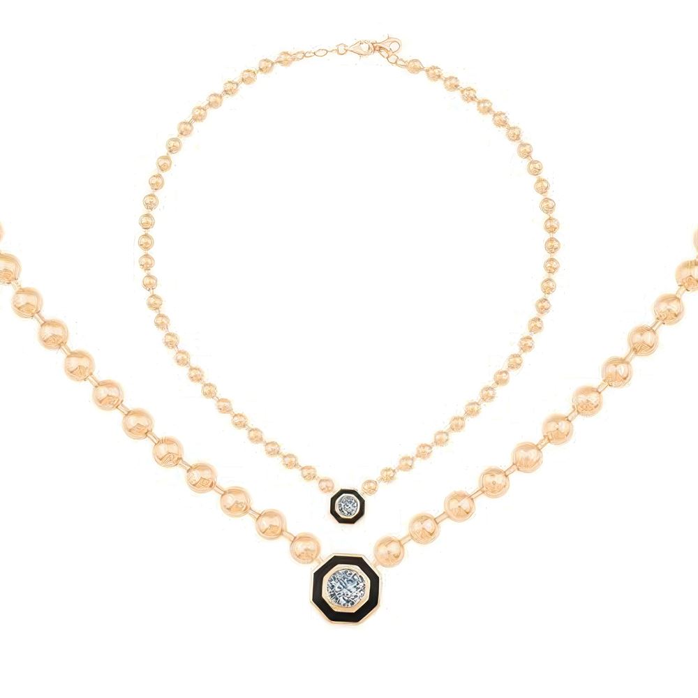 Siyah Mineli Taşlı Top Kolye 43 Cm Zincir