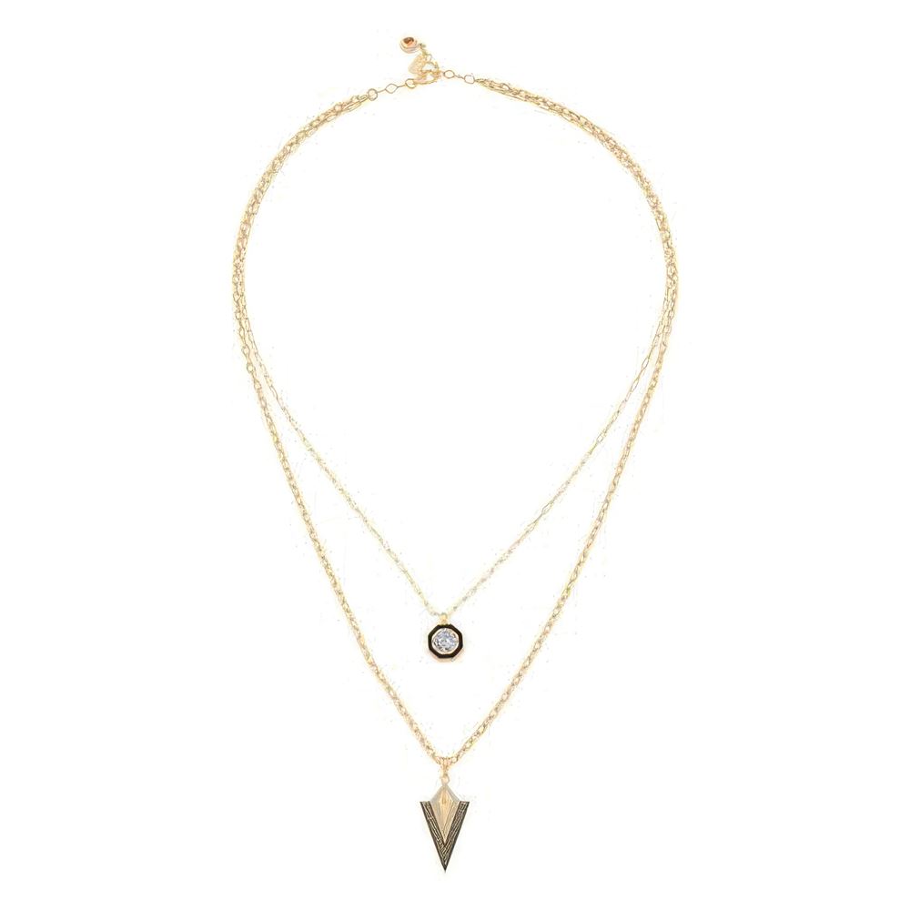 Çift Zincir Siyah Mineli Üçgen Kolye 50 Cm Zincir