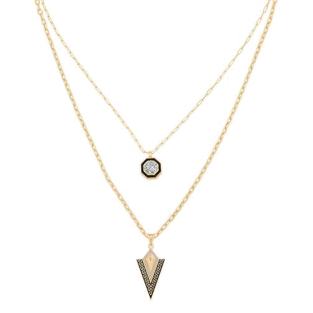 Çift Zincir Siyah Mineli Üçgen Kolye 50 Cm Zincir