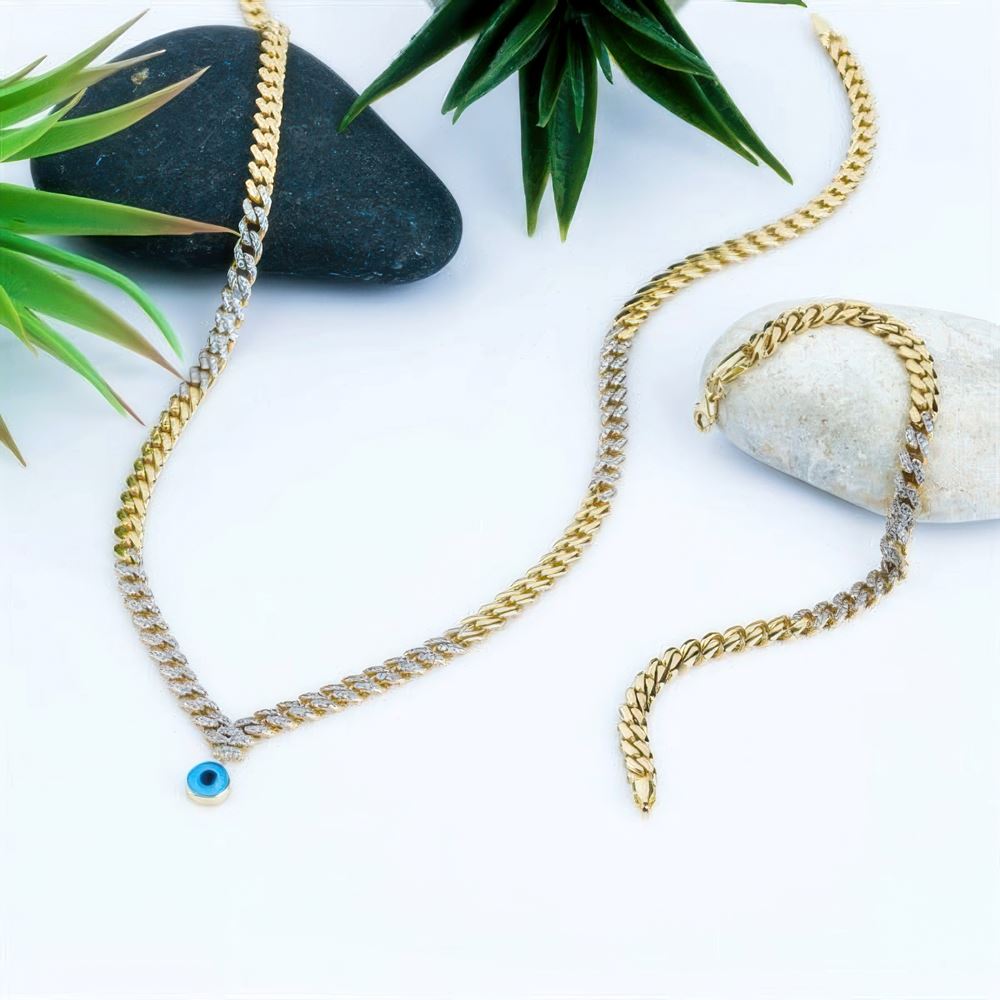 Altın Taşlı Göz Bebeğim Kolye 55Cm Zincir