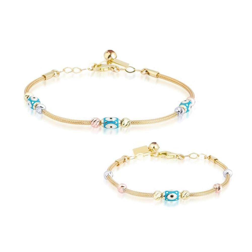 Anne Çocuk Nazar Boncuklu  İkili Set Altın Bileklik Anne 19Cm Çocuk 14Cm