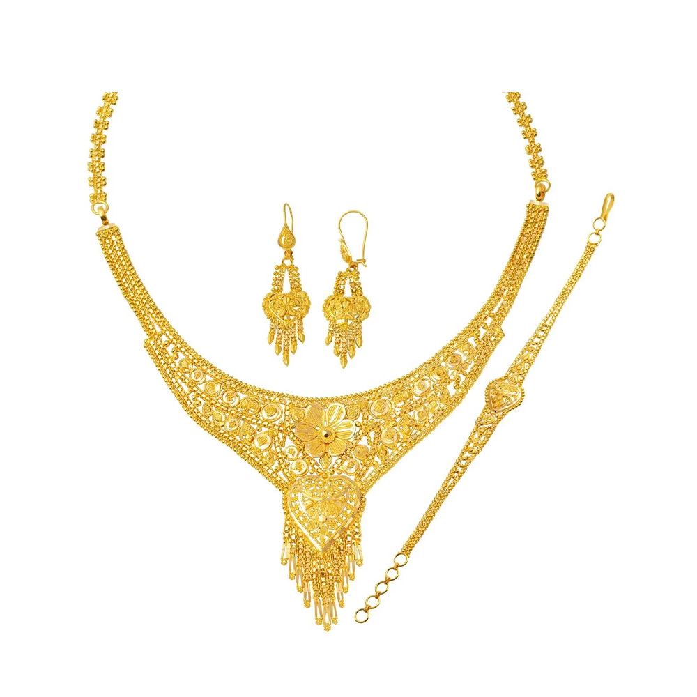 22 Ayar Kalp Motifli Hint İşi Altın Takı Seti (Modern Tasarım)