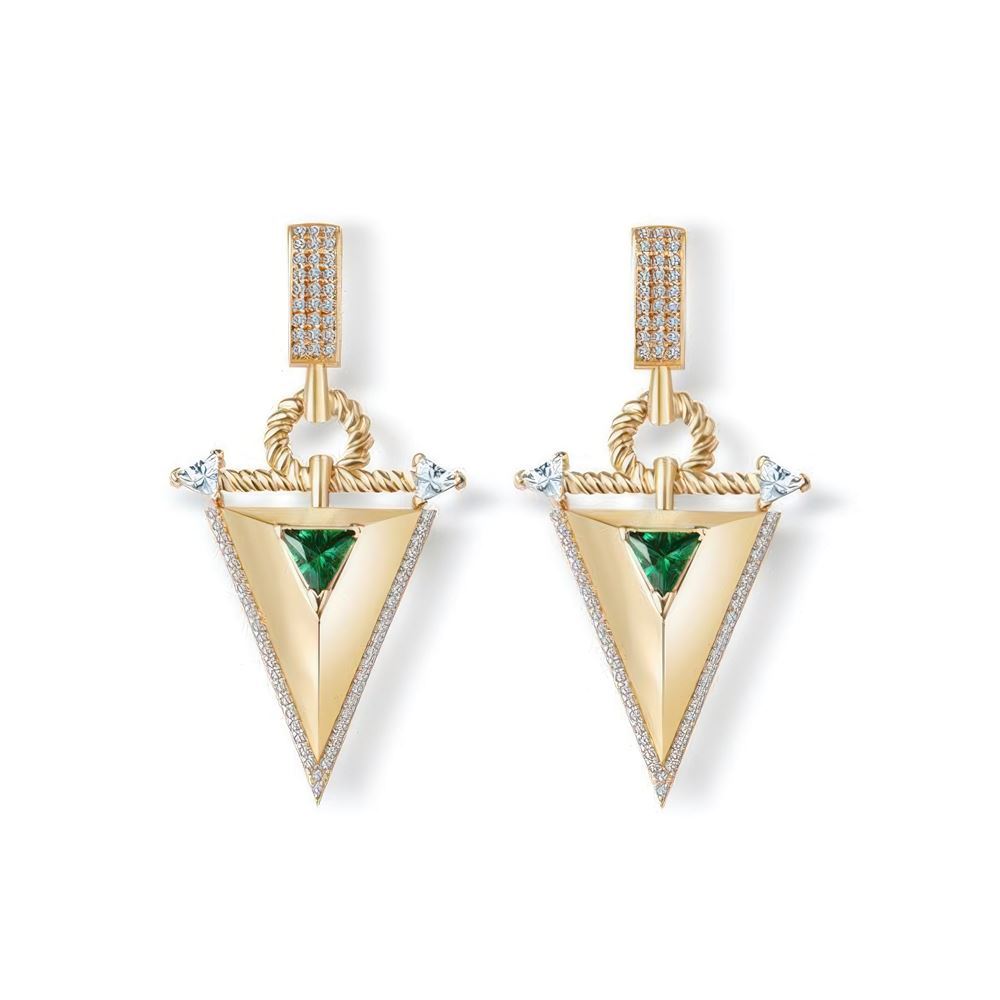 Zümrüt Taşlı Üçgen Sallantılı Altın Küpe