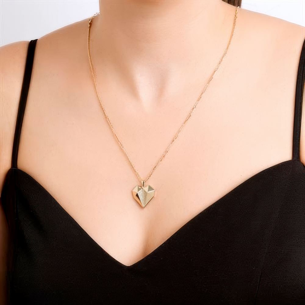 Taşlı Kalp Tasarım Kolye 45Cm Zincir