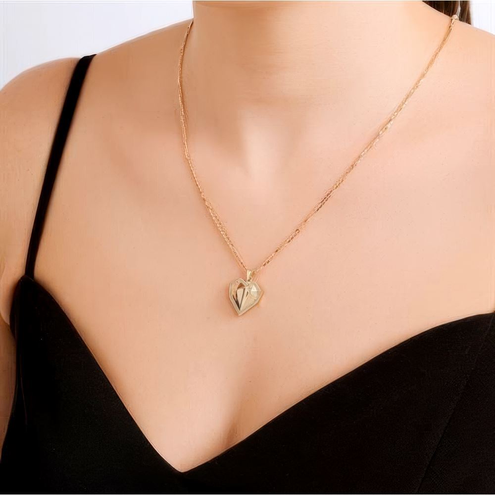 Taşlı Kalp Altın Kolye 45Cm Zincir