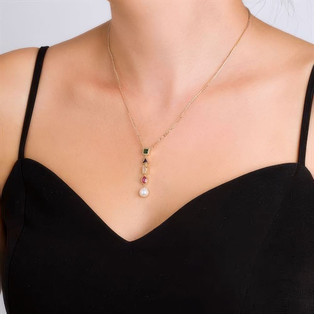 Renkli Taşlı Tasarım Kolye 45Cm Zincir