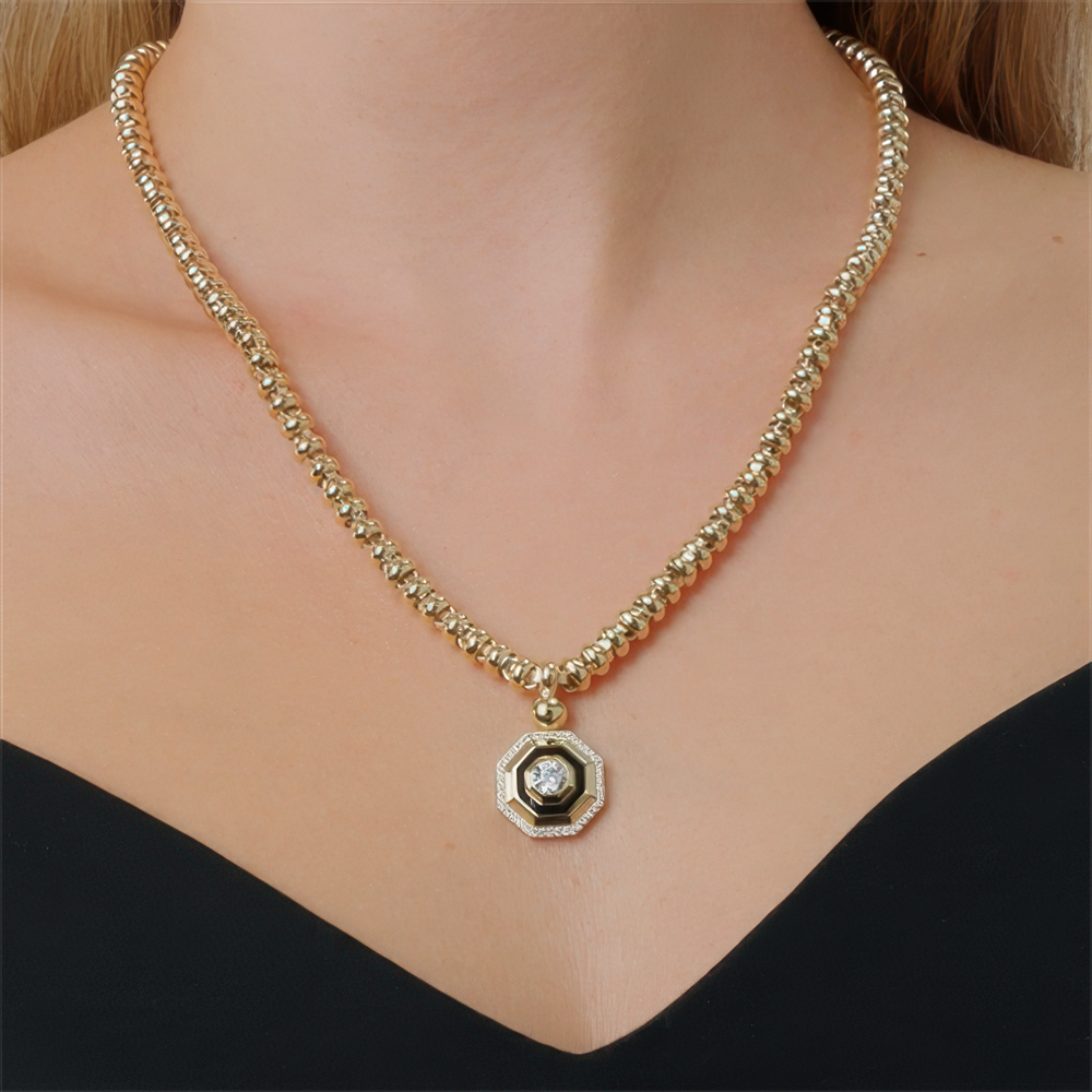 Siyah Mineli Tasarım Kolye 50Cm Zincir