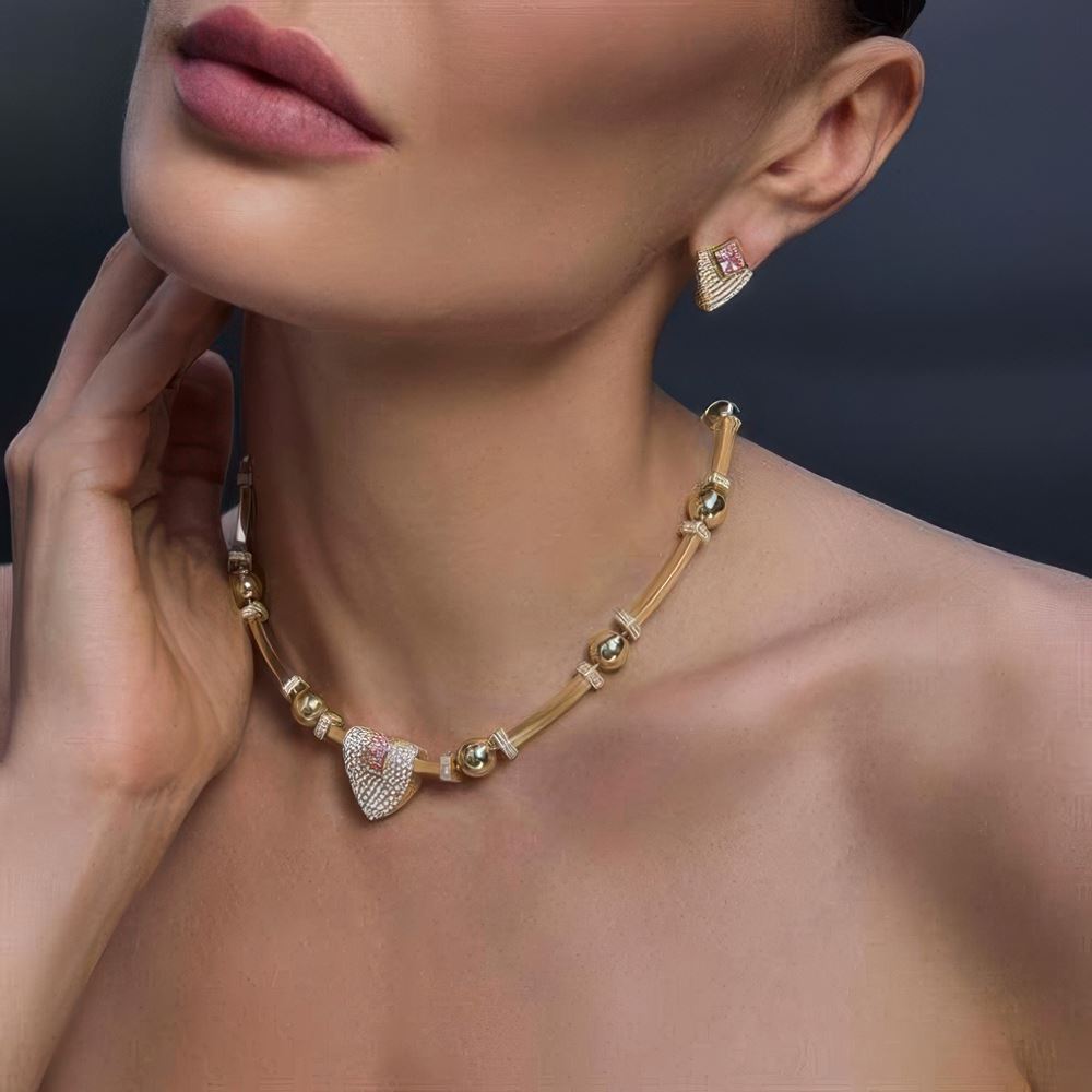 Pembe Baget Taşlı Silindir Kolye 43 Cm Zincir