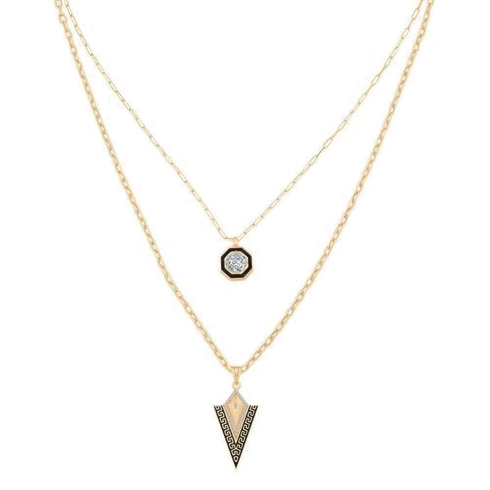 Çift Zincir Siyah Mineli Üçgen Kolye 50 Cm Zincir