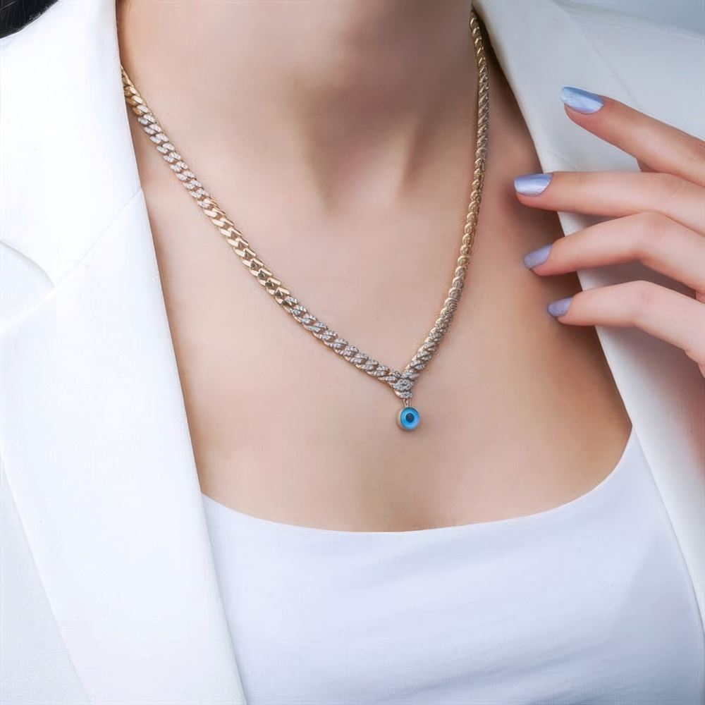 Altın Taşlı Göz Bebeğim Kolye 55Cm Zincir