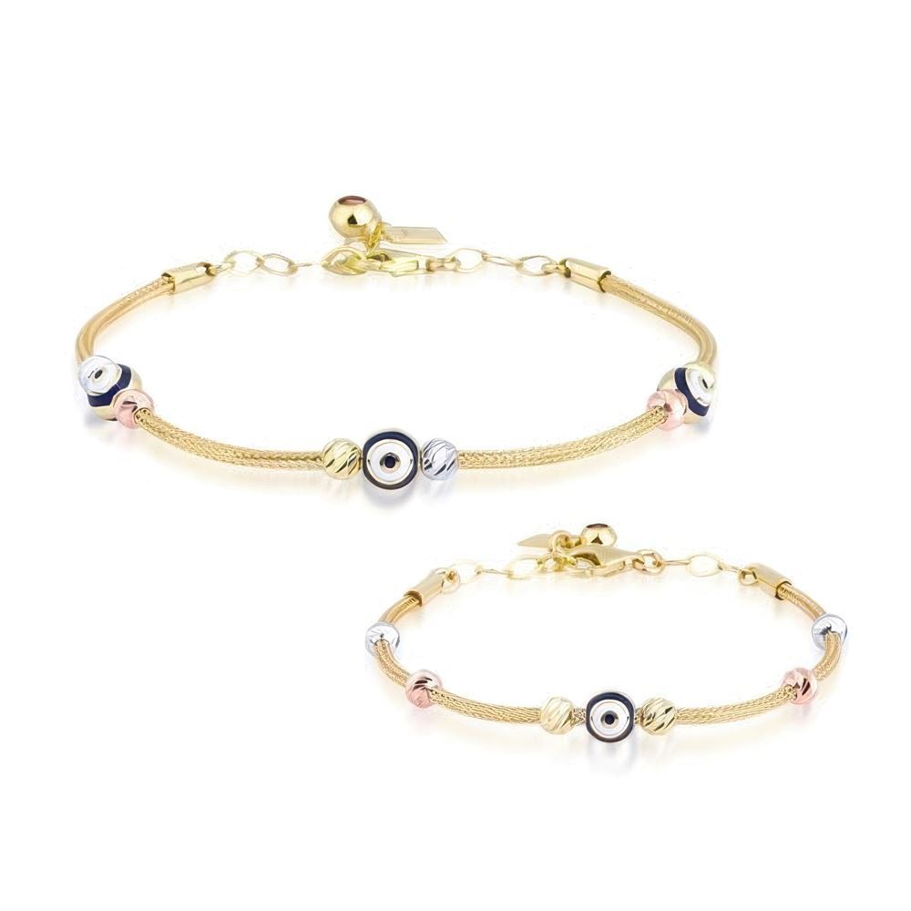 Anne Çocuk Nazar Boncuklu  İkili Set Altın Bileklik Anne 19Cm Çocuk 14Cm