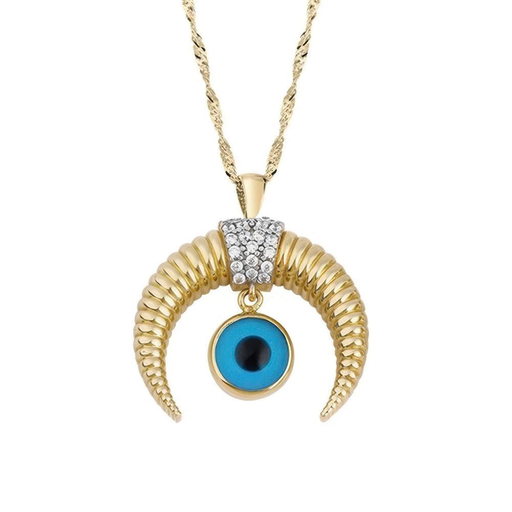 Nazar Boncuklu Hilal Altın Kolye 45Cm Zincir